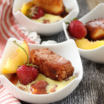 Toasted Angel Food Cake Cubes with Zabaglione and Rhubarb Peach Sauce